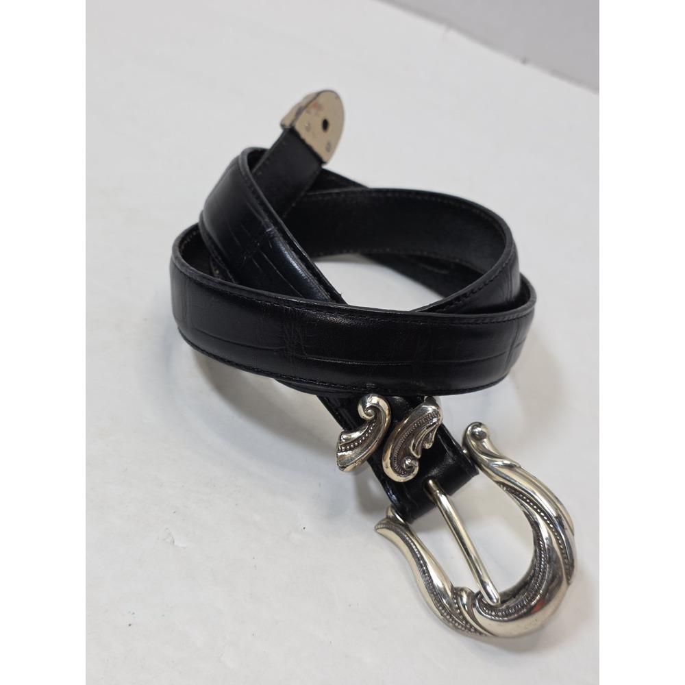 Coldwater Creek Women's Leather Sz M BLack Belt With Silver Tone Buckle & Tip